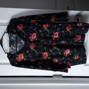 Grace Elements 1x 3/4 sleeve cartigan black w/ flower print